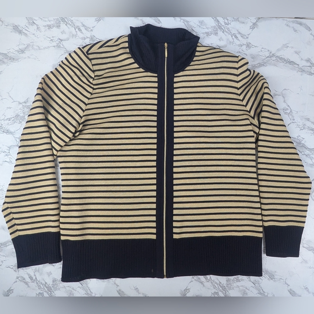 Misook Black and Cream Striped Zip-Front Sweater Cardigan